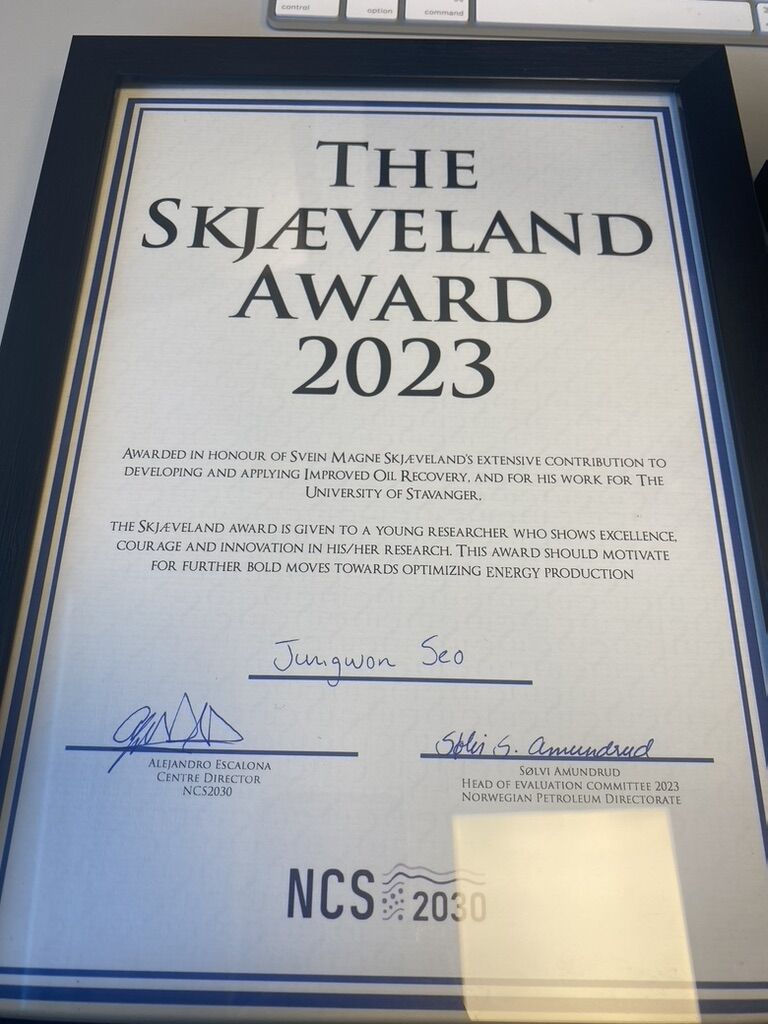 Skjaeveland Award 2023 certificate